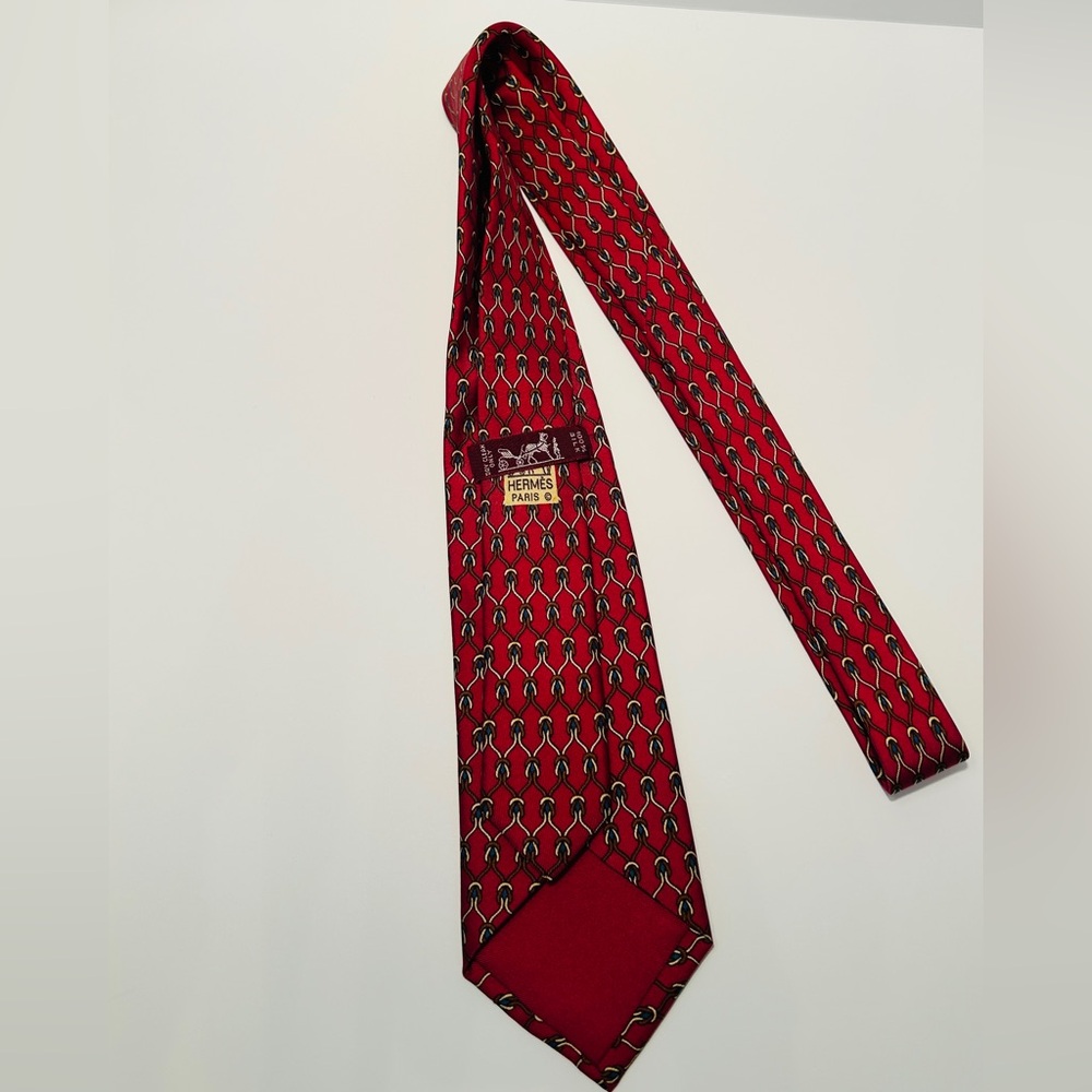 HERMES VINTAGE SILK ROPE & RINGS TIE GRIDS SQUARE BUCKLE RIDING FRANCE RED - Picture 4 of 9